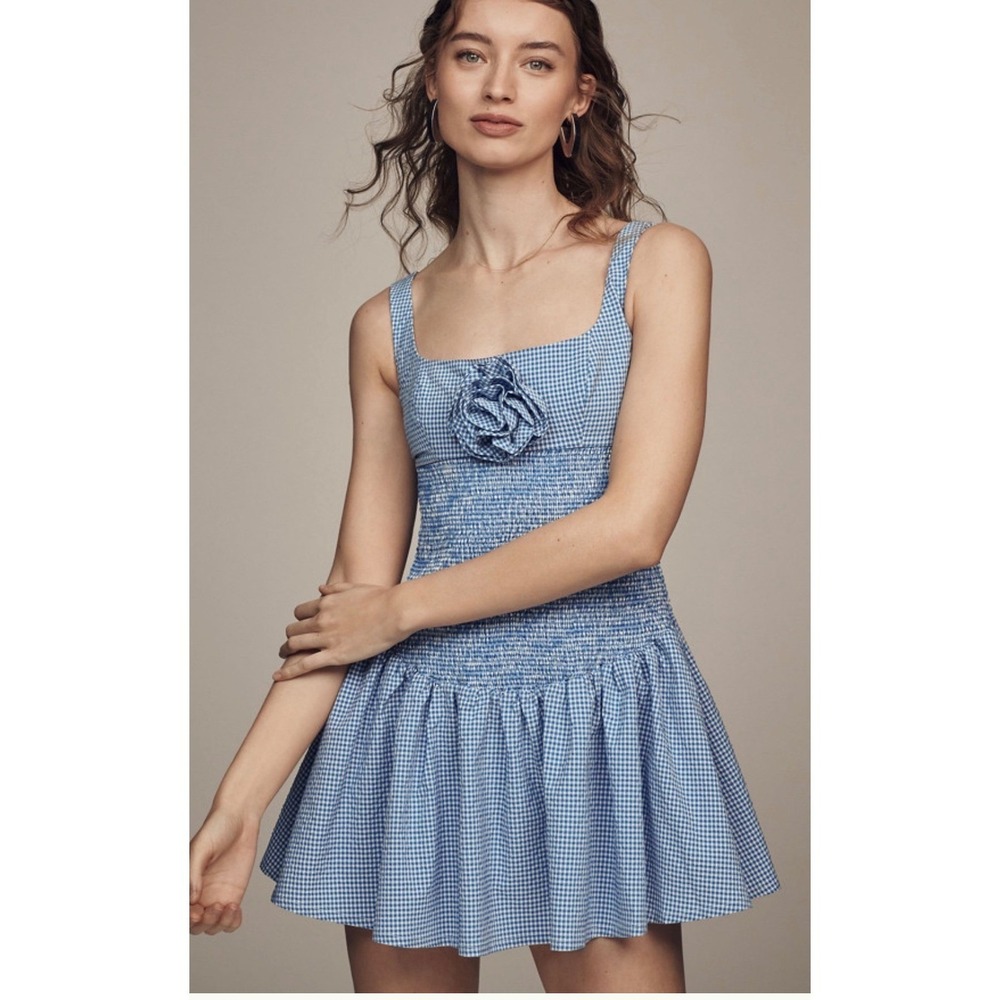 Maeve Anthropologie Blue Gingham Smocked Rosette Drop Waist Mini Dress Large NWT